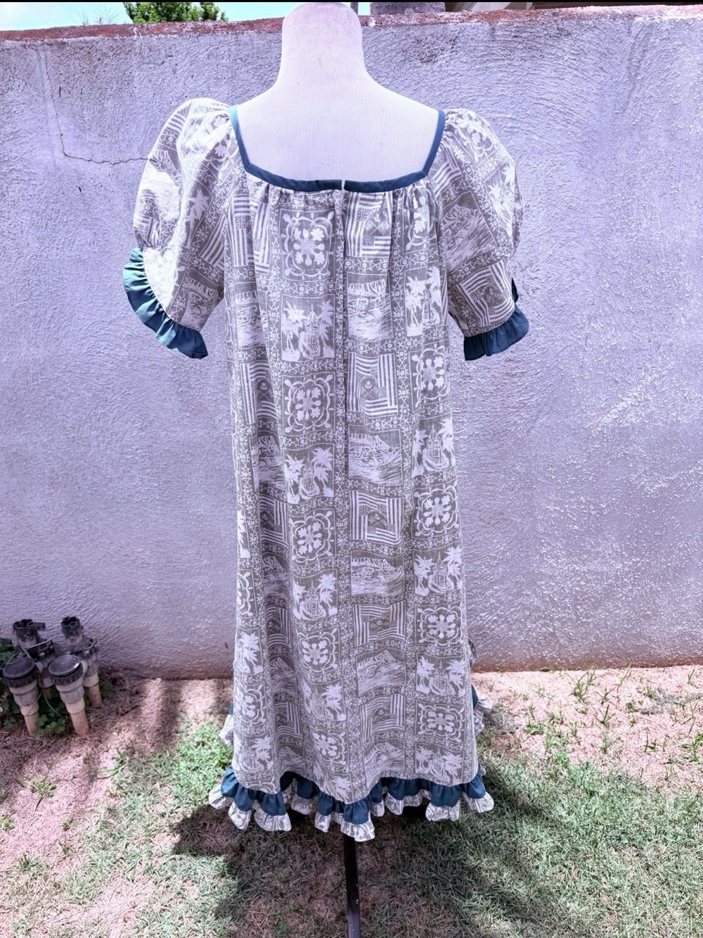 Vtg 1980s Reyn Spooner Green Hawaiian Lahaina Sailor Print Mumu Muumuu-Med - Picture 2 of 5